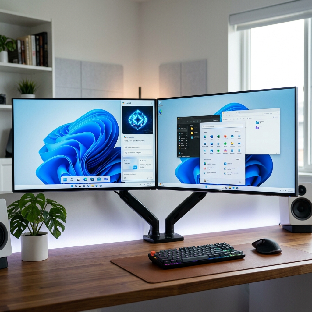 Perbandingan Tampilan Desktop Windows 12 dengan Floating Taskbar vs Windows 11