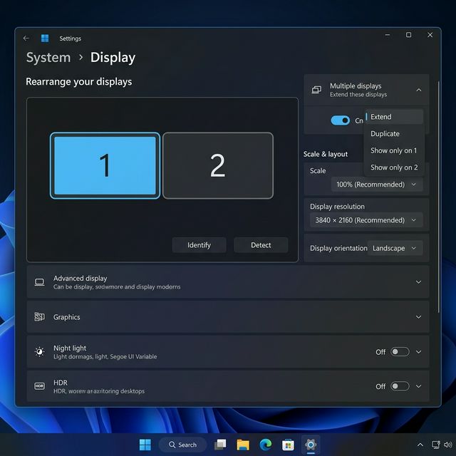 Tampilan Windows Display Settings dengan dua kotak monitor bernomor 1 dan 2